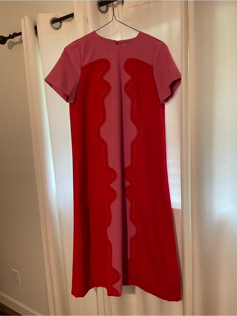 Tuckernuck Two-Tone Pink and Red Midi Dress with Wavy Paneling